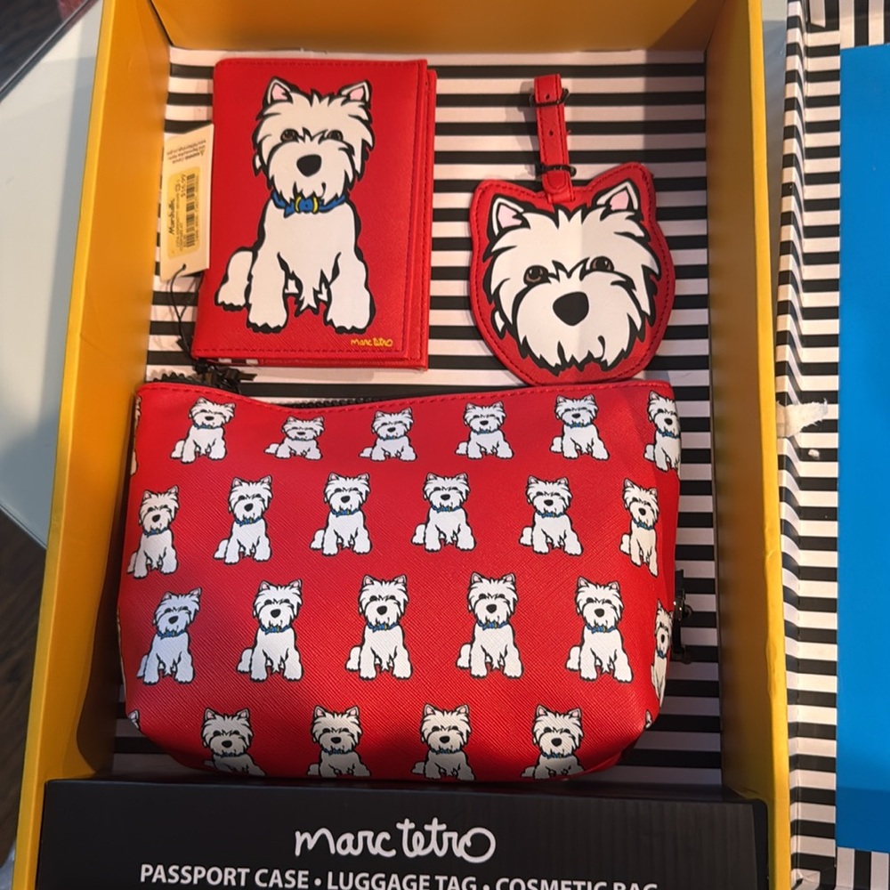 Marc Tetro Travel Set Westie Dog Cosmetic Makeup Bag Luggage Tag Passport Wallet